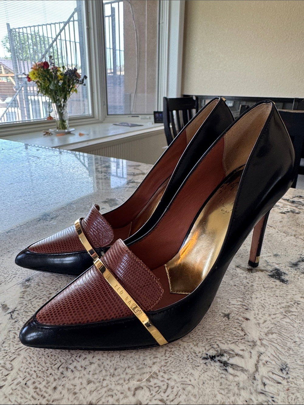 Ted Baker Black and Brown Pointed Toe Heels with Gold Trim